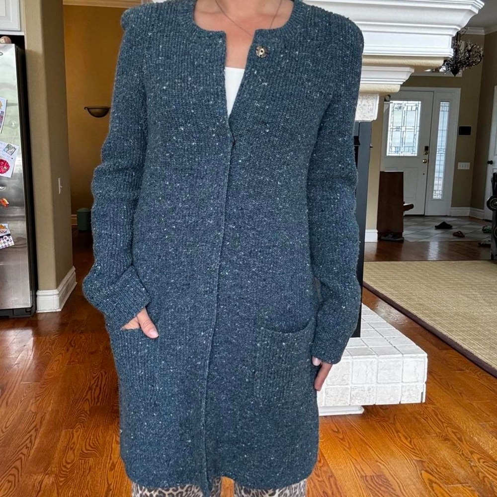 Amina Rubinacci blue speckled knit duster sweater cardigan minimalist preppy